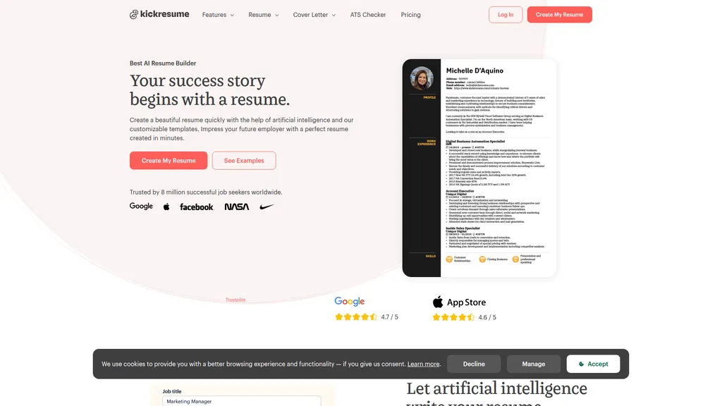 Kickresume homepage