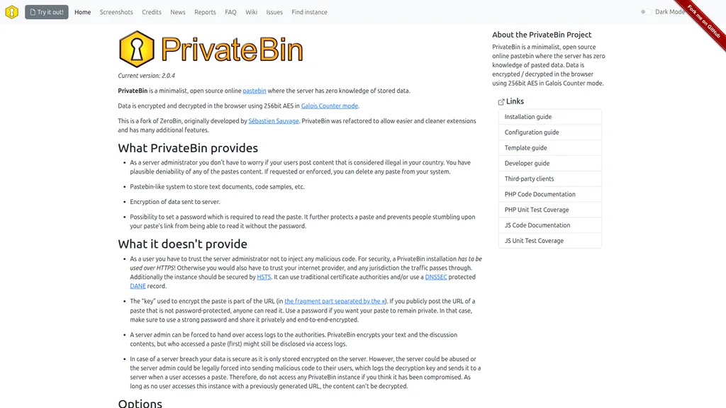 PrivateBin homepage