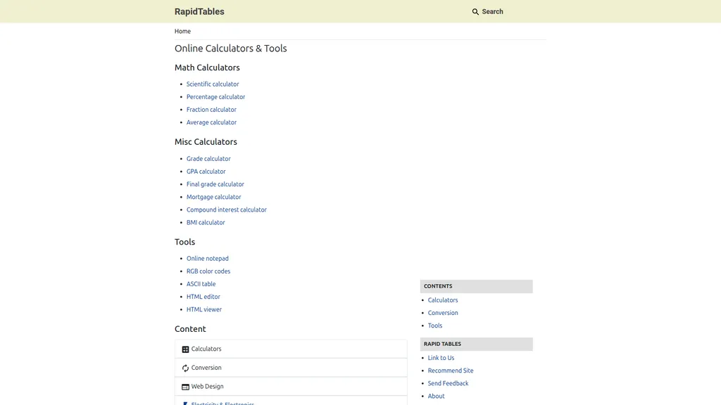RapidTables homepage