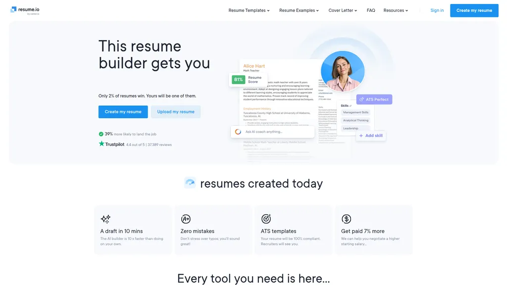 Resume.io homepage