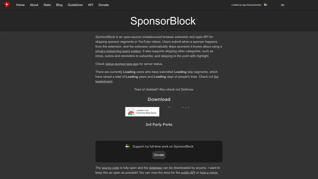 SponsorBlock homepage