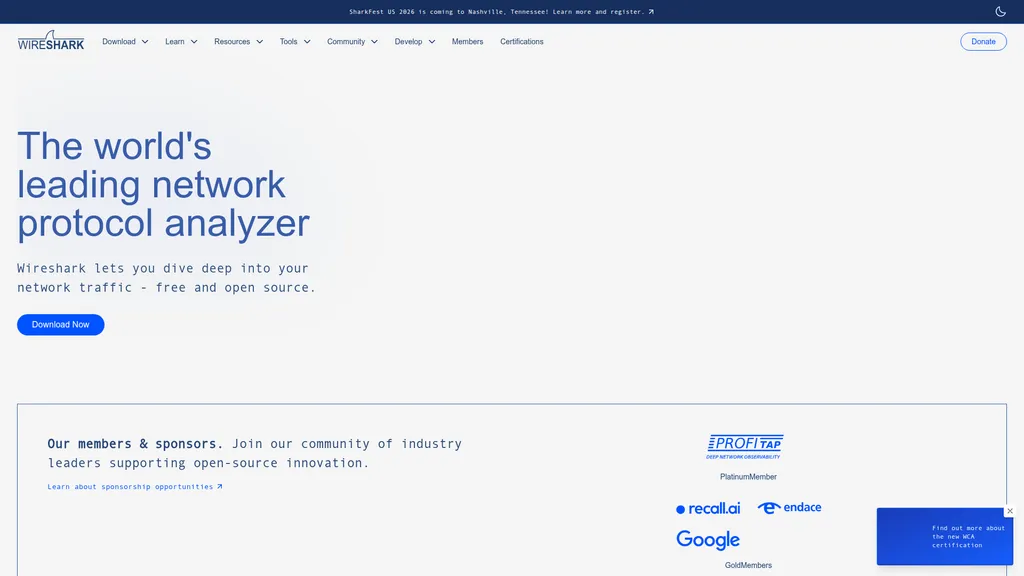 Wireshark homepage