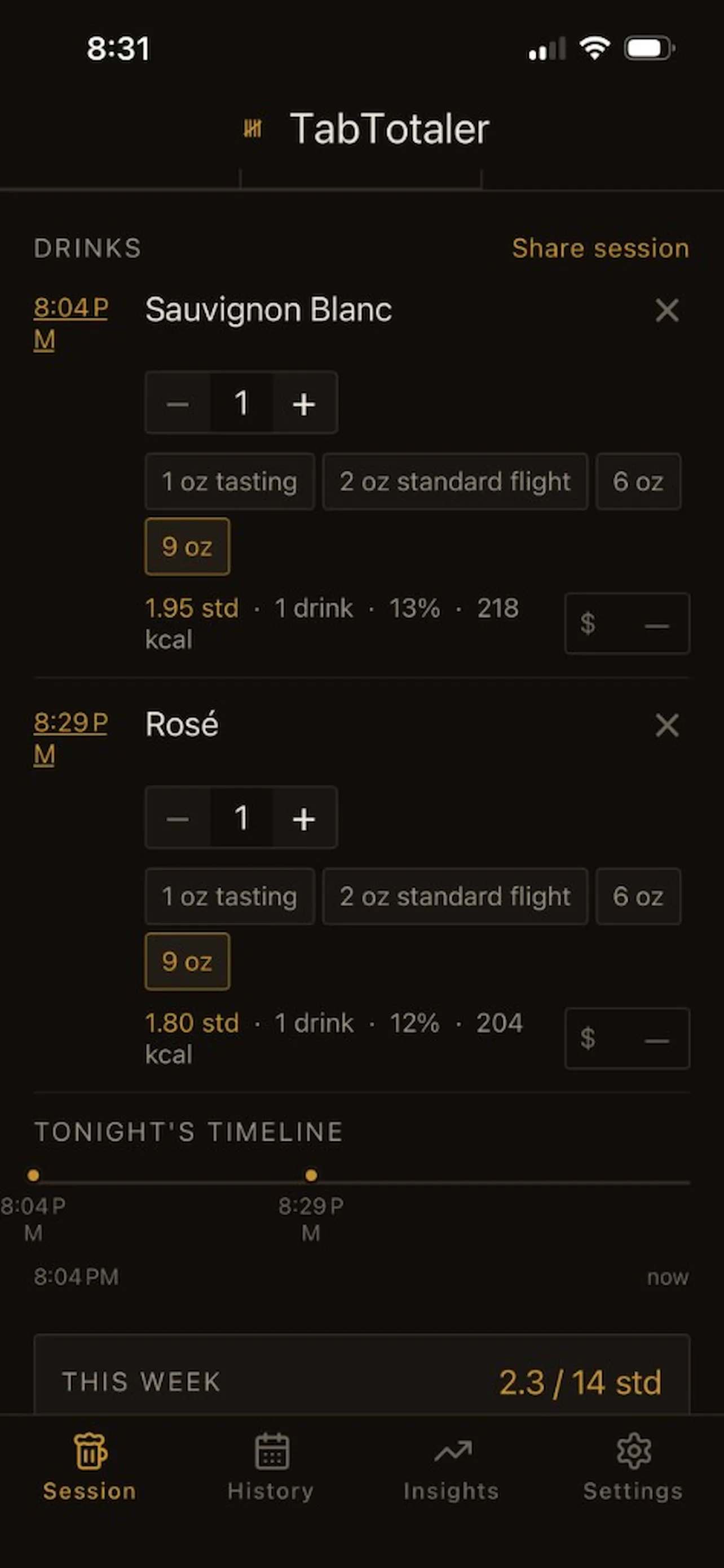 TabTotaler screenshot 2: Drink Tracker with BAC Estimates