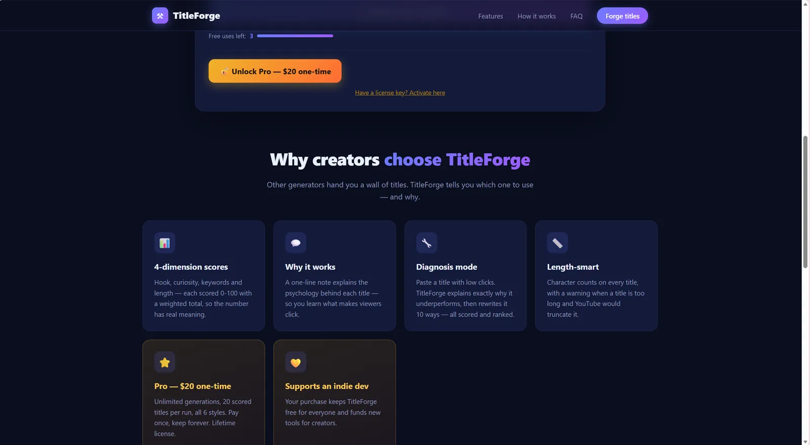 TitleForge, AI YouTube Title Generator with CTR Scores & Diagnosis screenshot 2: AI YouTube Title Generator