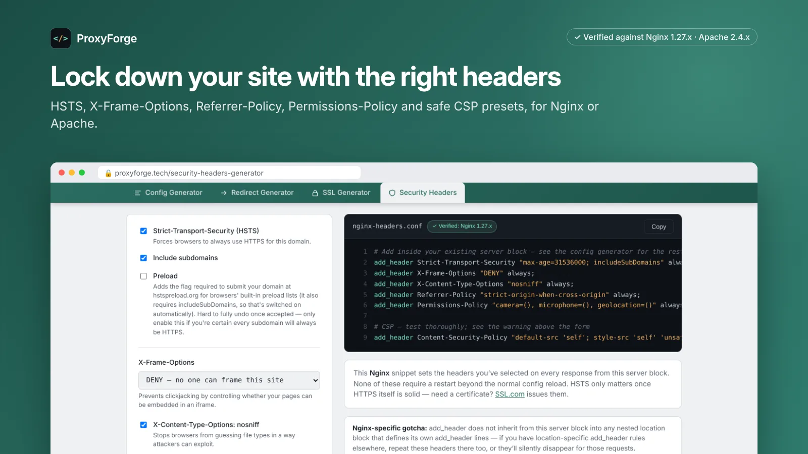 ProxyForge screenshot 4: Free Nginx & Apache Config Generator