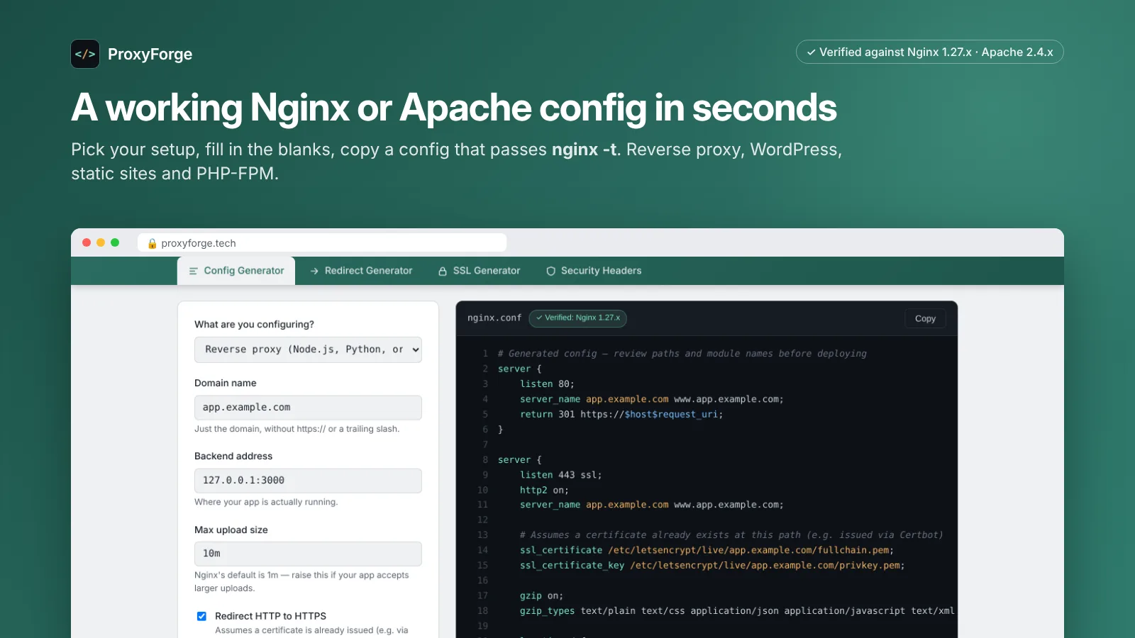 ProxyForge screenshot 2: Free Nginx & Apache Config Generator