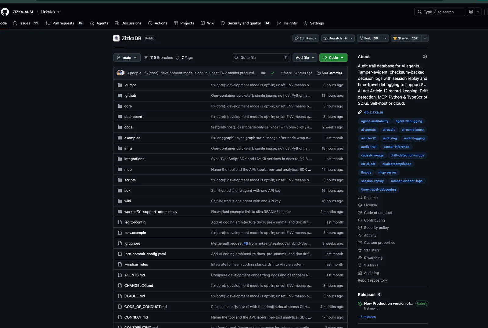 ZizkaDB screenshot 1: AI Agent Auditability Platform
