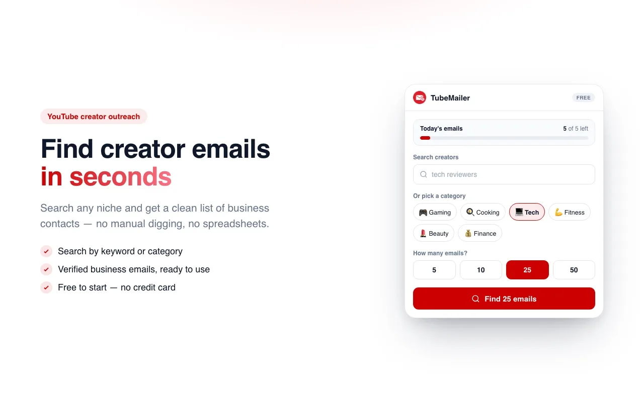 TubeMailer screenshot 1: YouTube Creator Email Finder