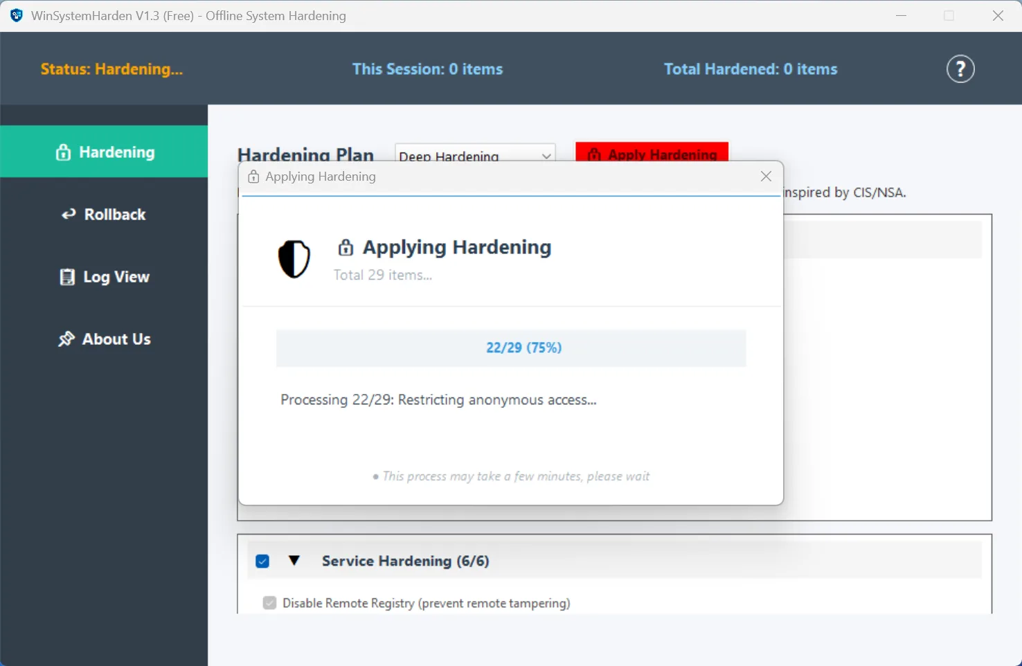 WinSystemHarden screenshot 2: Windows Security Hardening Tool