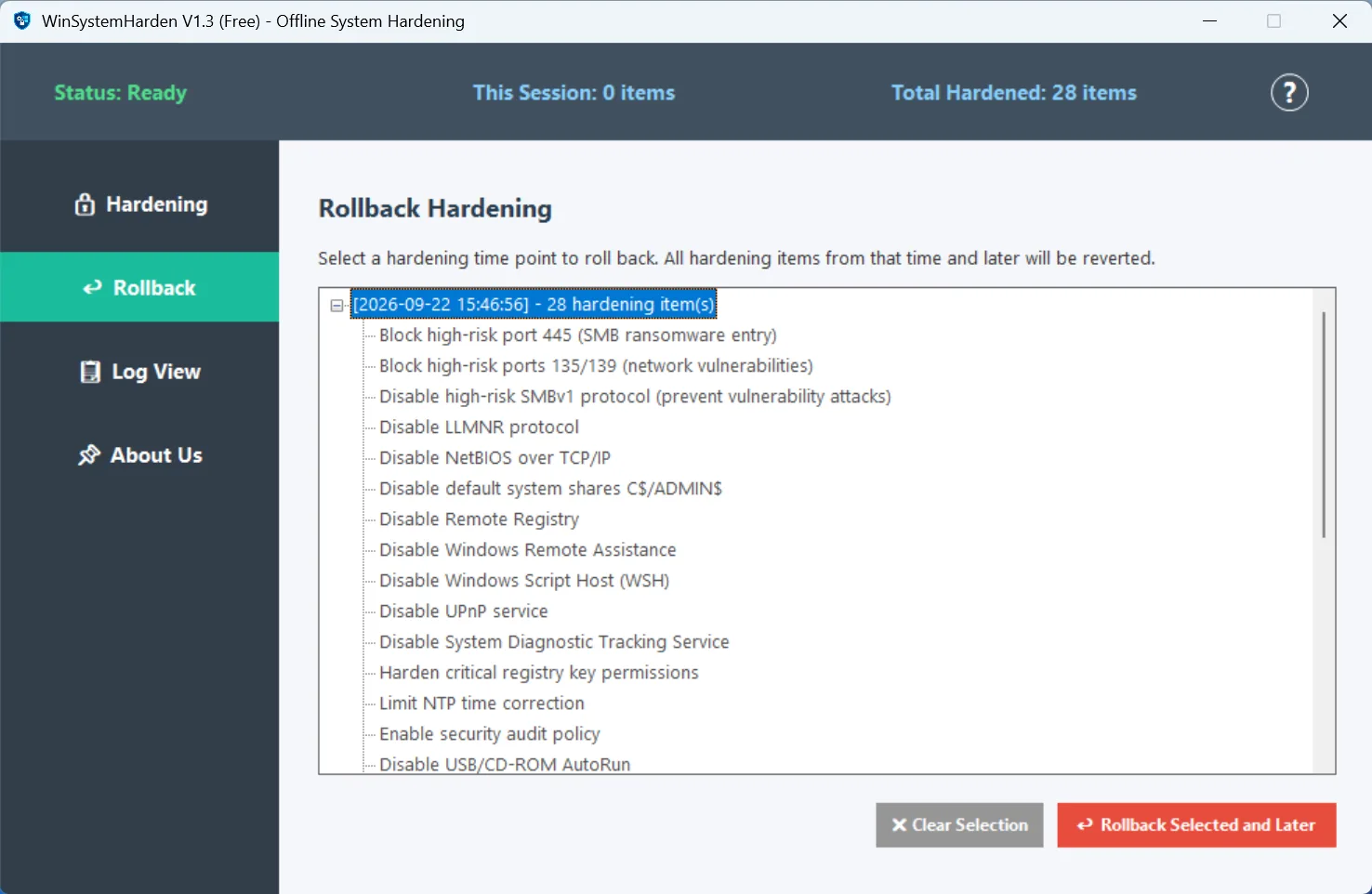 WinSystemHarden screenshot 3: Windows Security Hardening Tool
