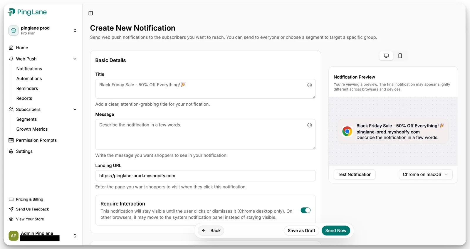 PingLane screenshot 3: Shopify Web Push Notifications App