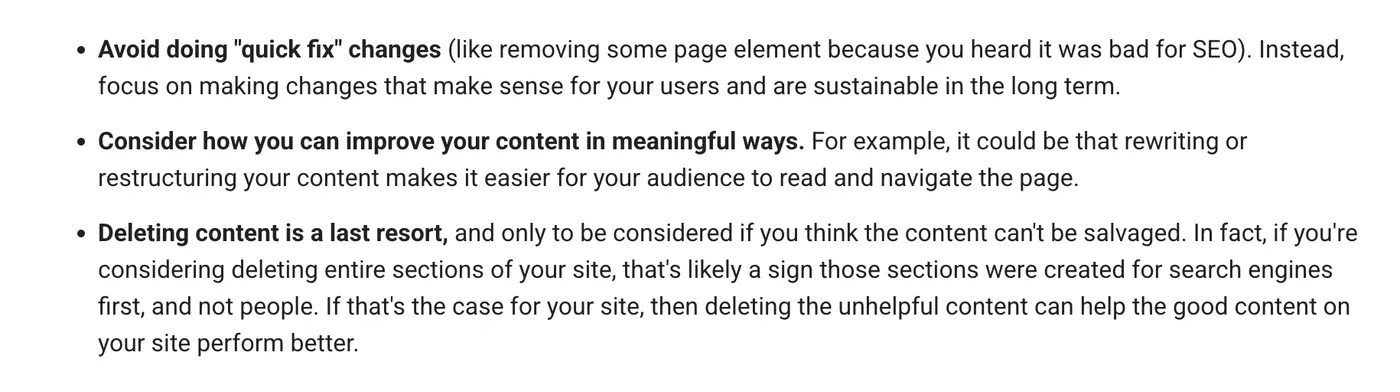 Google Search Central documentation: deleting content is a last resort