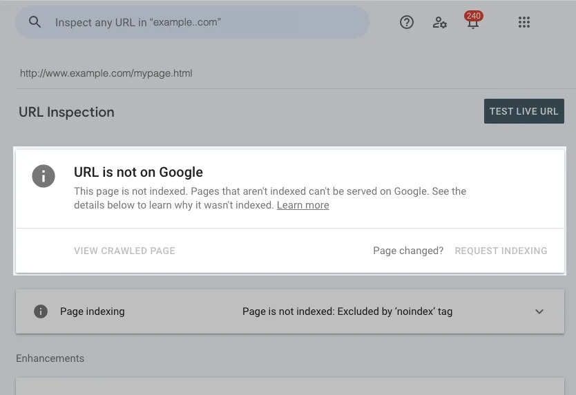Google Search Console URL Inspection example showing a page that is not on Google