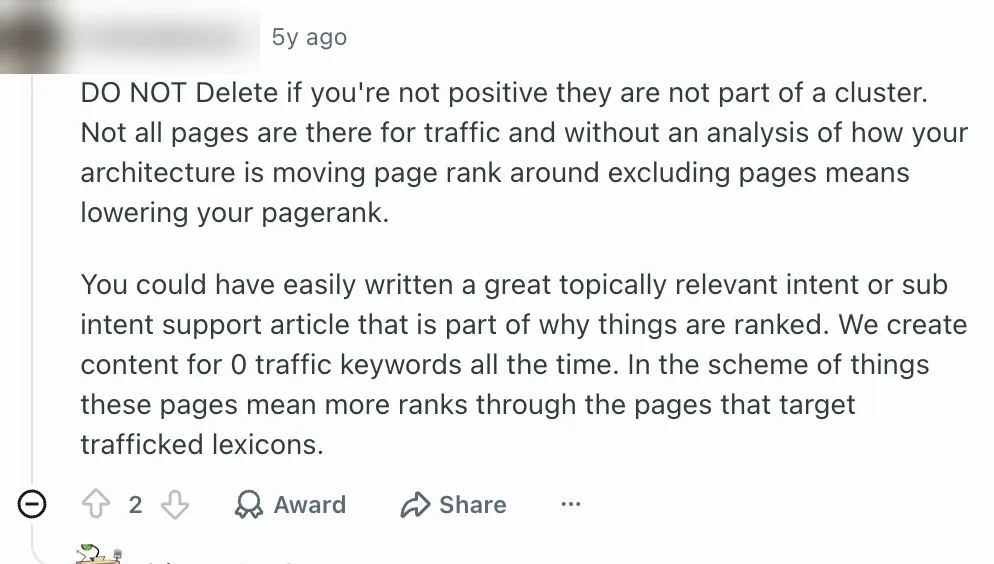 Reddit comment from r/SEO warning not to delete pages that are part of a content cluster