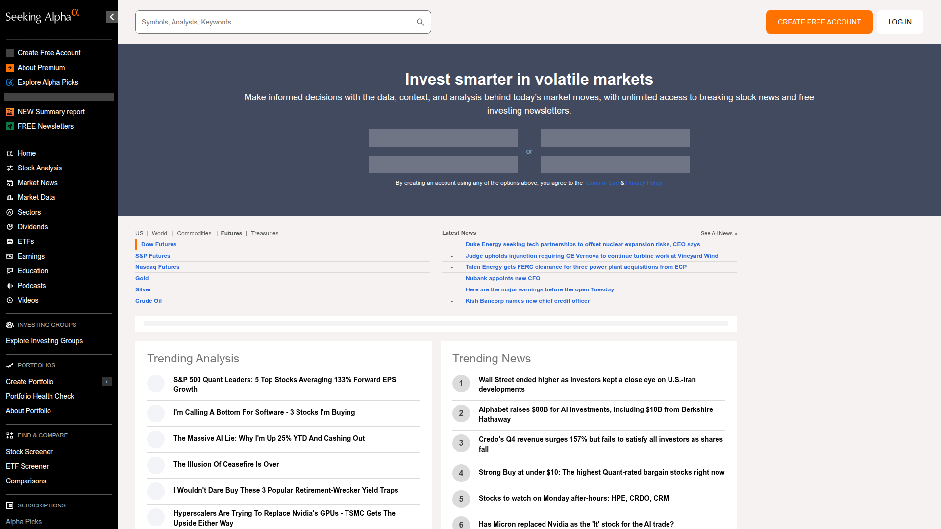 Seeking Alpha homepage