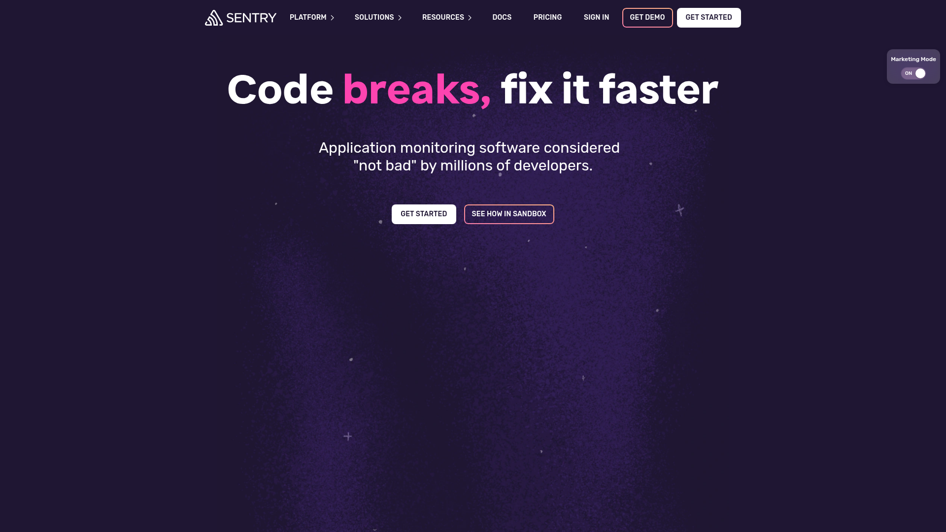 Sentry homepage