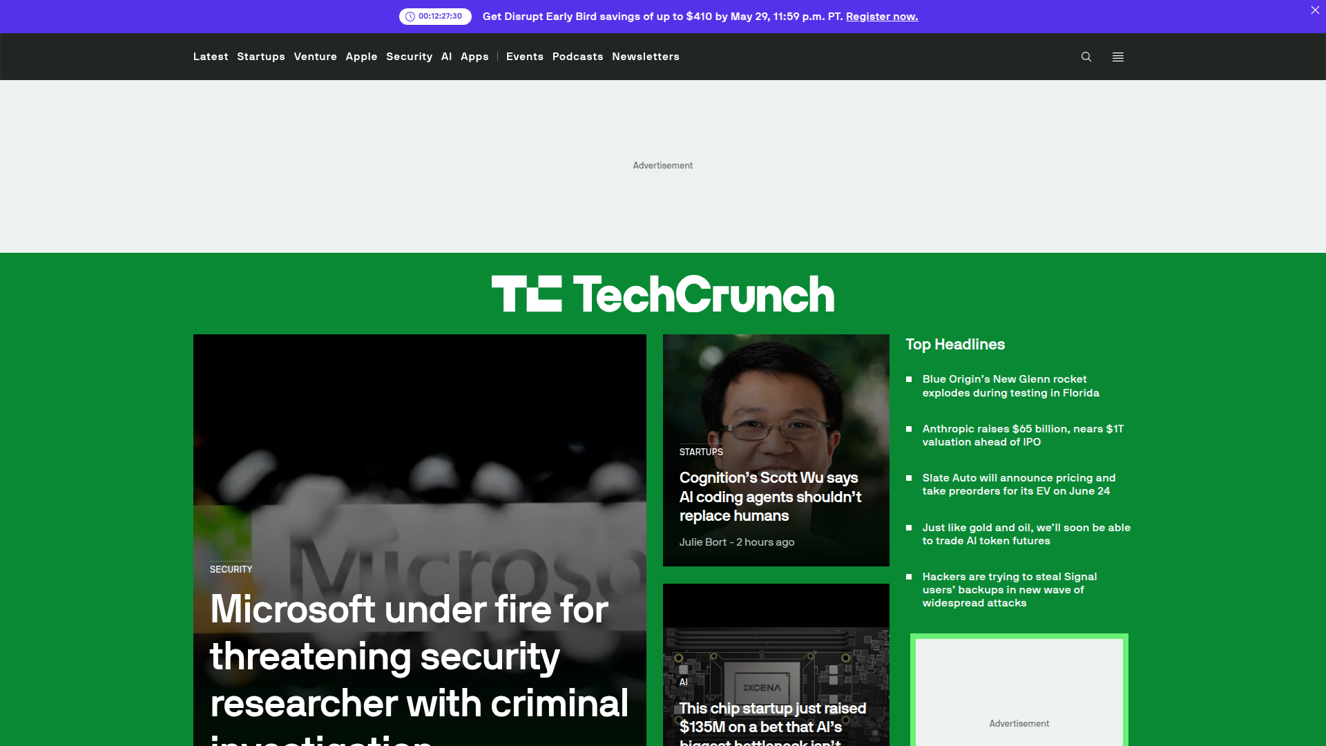 TechCrunch homepage