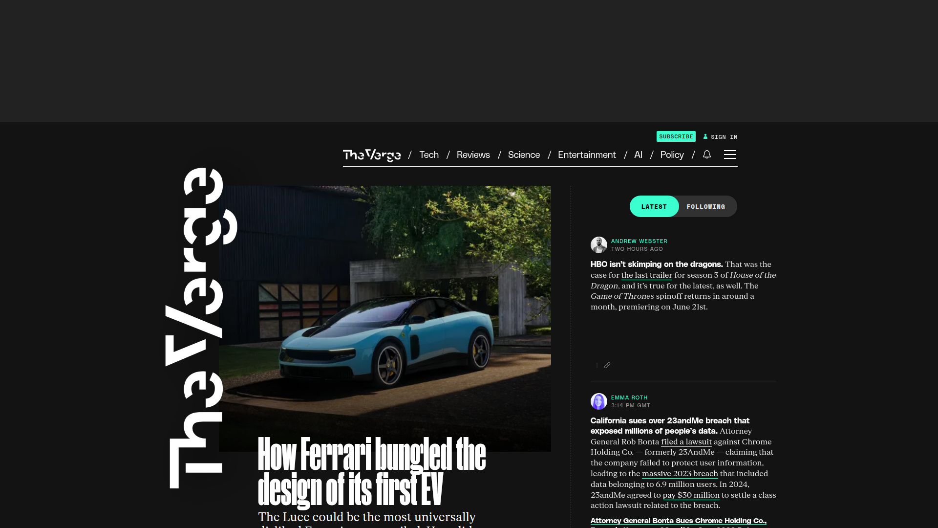 The Verge homepage